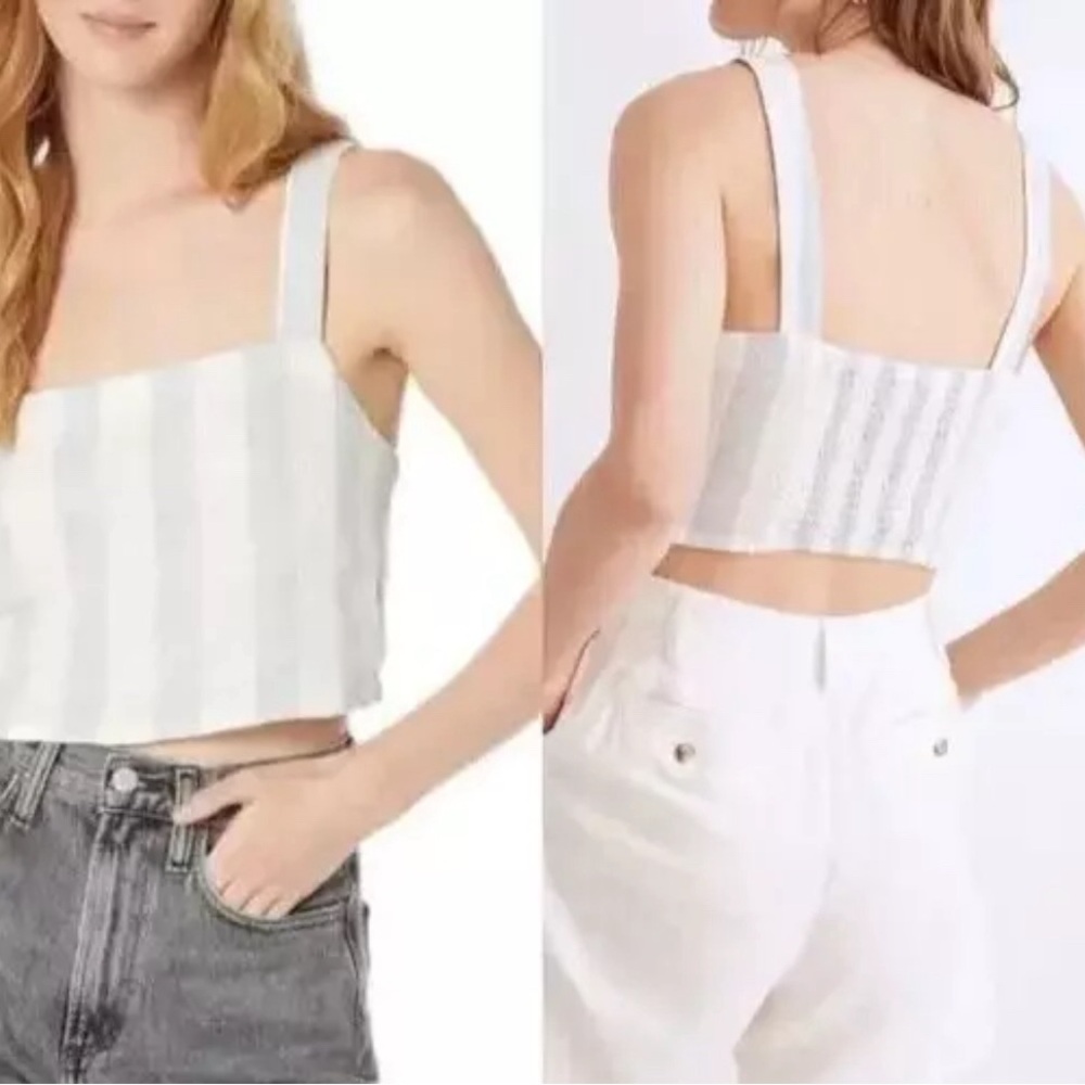 Madewell Linen Blend Abbie Crop Top in Blue White Stripe Size XXL NWT Coastal